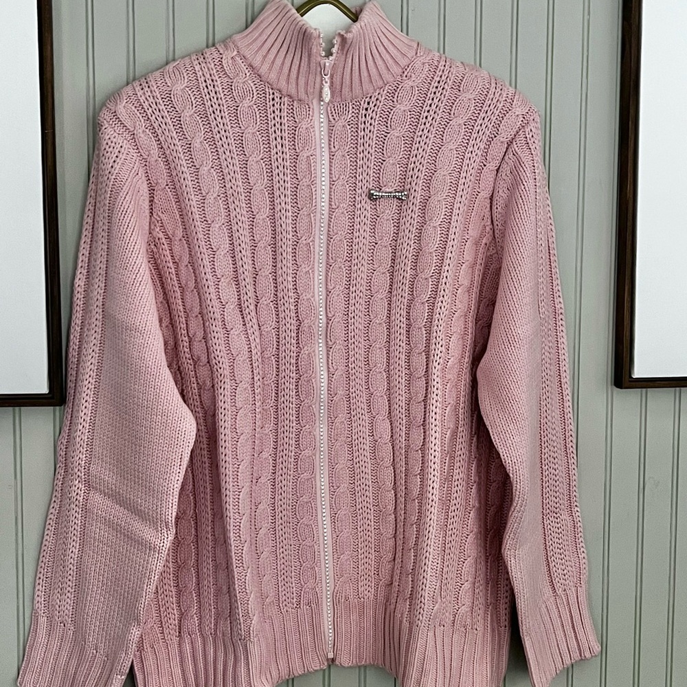 Storybook Knits NWT Pink Cable Knit Rhinestone Zipper Front Cardigan Sweater
